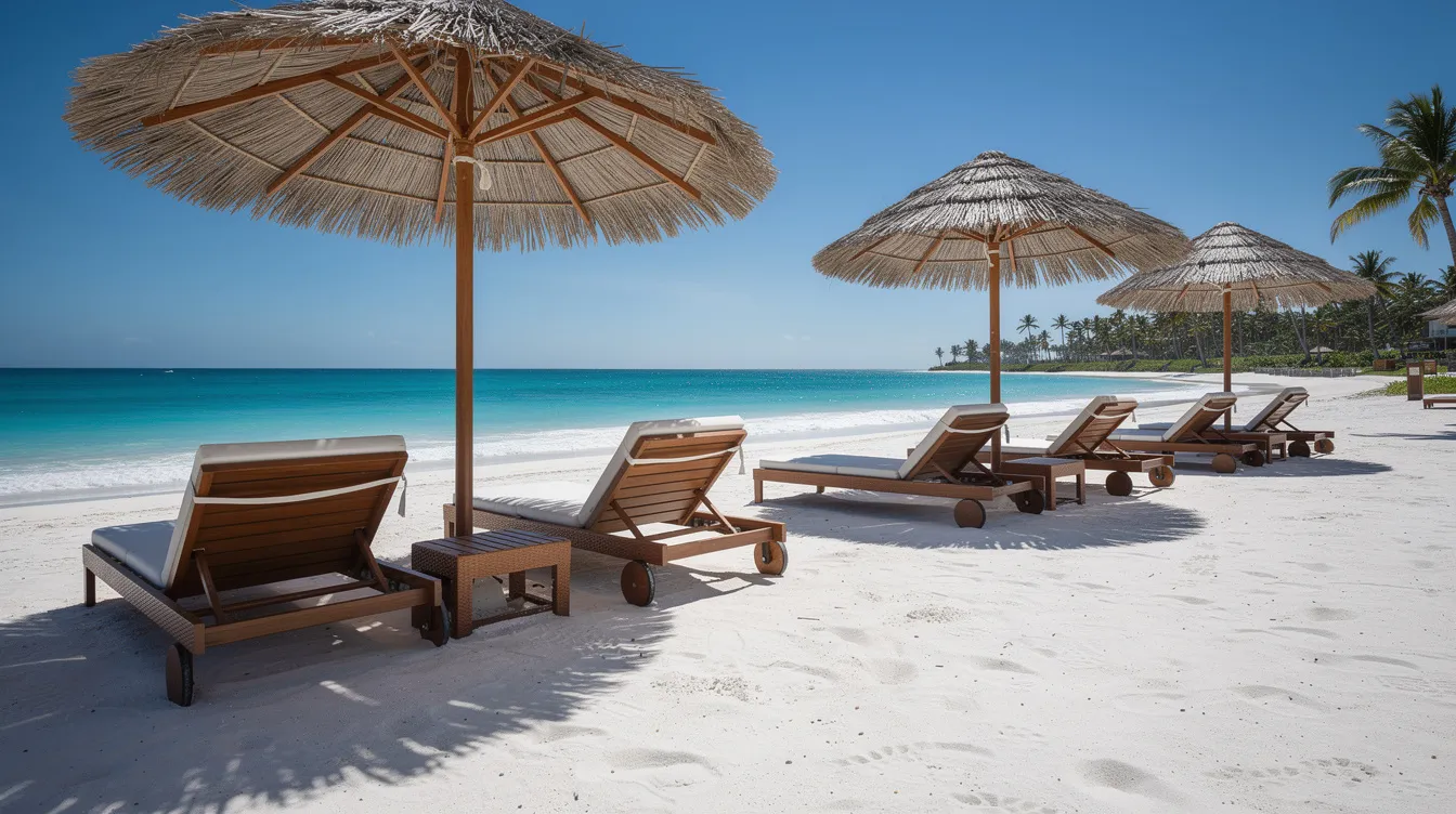 The image depicts beach loungers arranged under palm umbrellas on a pristine white sand beach, with the calm waters of the Caribbean Sea in the background, creating a relaxing atmosphere ideal for a fun day trip to the Rosario Islands. This beautiful beach area invites visitors to unwind and enjoy the tropical paradise.