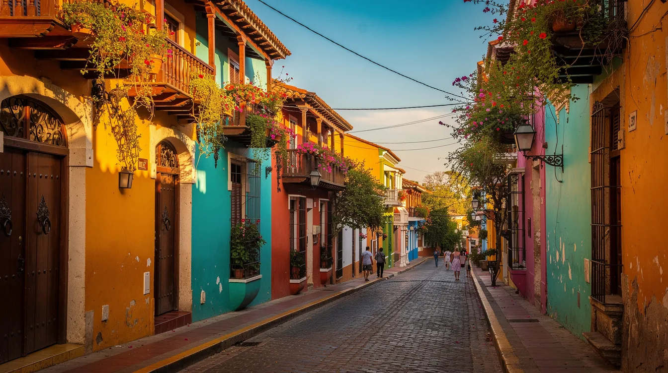 Une vue colorée des ruelles coloniales de Cartagena, ornées de balcons fleuris, évoque le charme de la vieille ville. Ce paysage pittoresque invite les voyageurs à explorer les vacances dans cette destination colombienne unique.