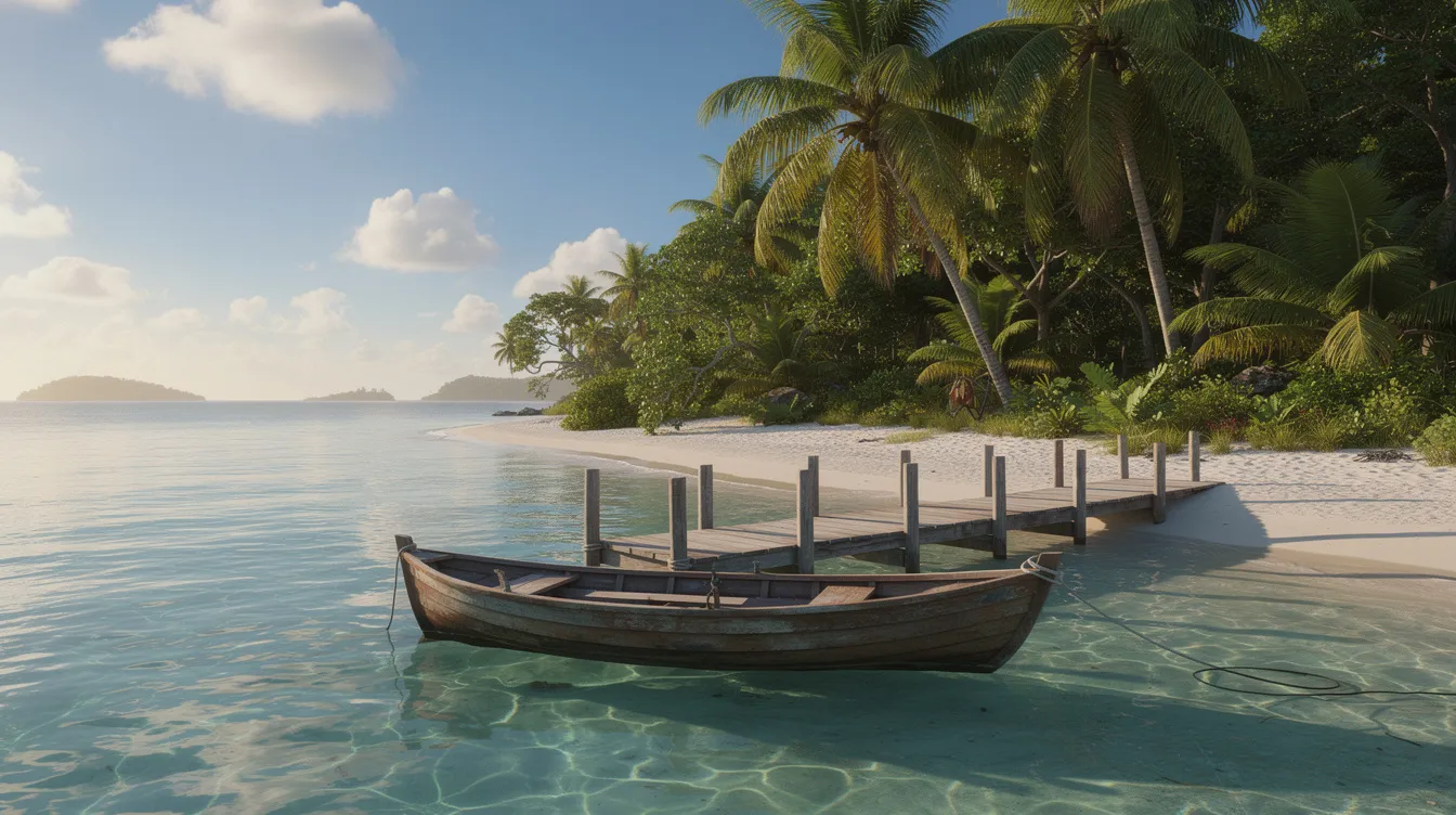 A small boat is docked at a tropical island surrounded by palm trees and a beautiful white sand beach, offering a serene spot for visitors on a Rosario Islands day trip. The calm waters of the Caribbean Sea create a picturesque backdrop for those looking to enjoy a fun day trip or explore the coral islands.