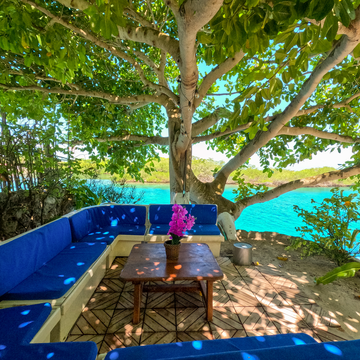Drone view of Ibbiza Beach Club private island stop on a Rosario Islands tour from Cartagena.