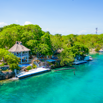 Aerial view of Ibbiza Beach Club with turquoise water on the Cartagena 3 Island Tour.