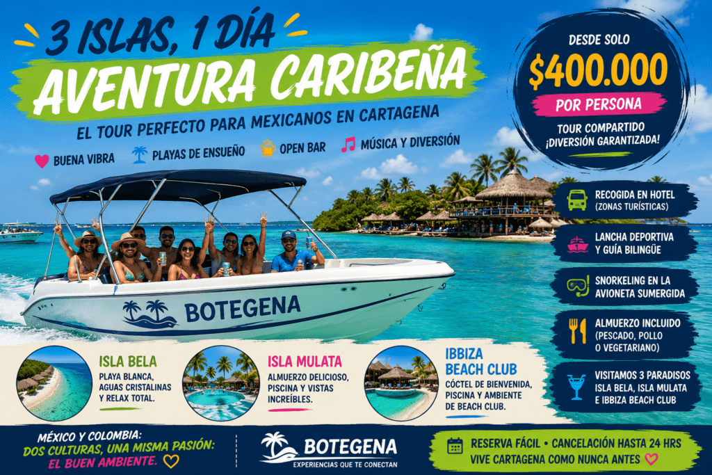 Mexican travelers enjoying a shared 3 Island Tour in Cartagena with a sport boat, turquoise Caribbean water, beach club views, snorkeling, lunch, and Colombian island energy.